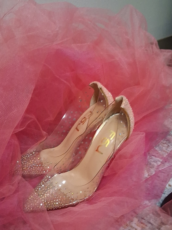RSJ Shoes - FSJ, Stylish Transparent Heels with Gold and Pink Accents✨️